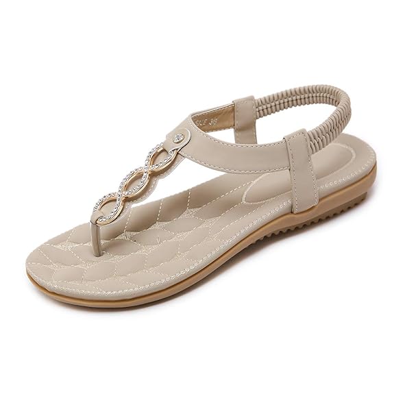 SANMIO Damen Sandals, Frauen Sandalen Sommer Bohemian Strass Flach Sandaletten PU Leder Zehentrenner Beige 37