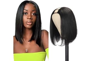 Amella Hair U Part Wig Human Hair Straight Bob Wigs For Black Women 10inch Brazilian Remy Hair Short Bob Human Hair Wigs Clip in U Part Wig Human Hair Extensions Natural Black Color