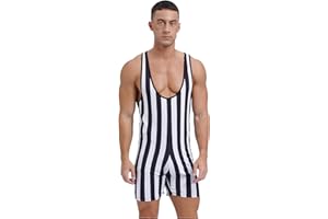 LiiYii Men's Strong Man Costume Striped Wrestling Singlet Bodysuits Circus Muscle Costume for Halloween