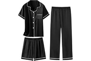 Schbbbta Girls 3 Pieces Pajamas Sets Silk Satin Sleepwear Button Down Short Sleeve Pjs Outfits