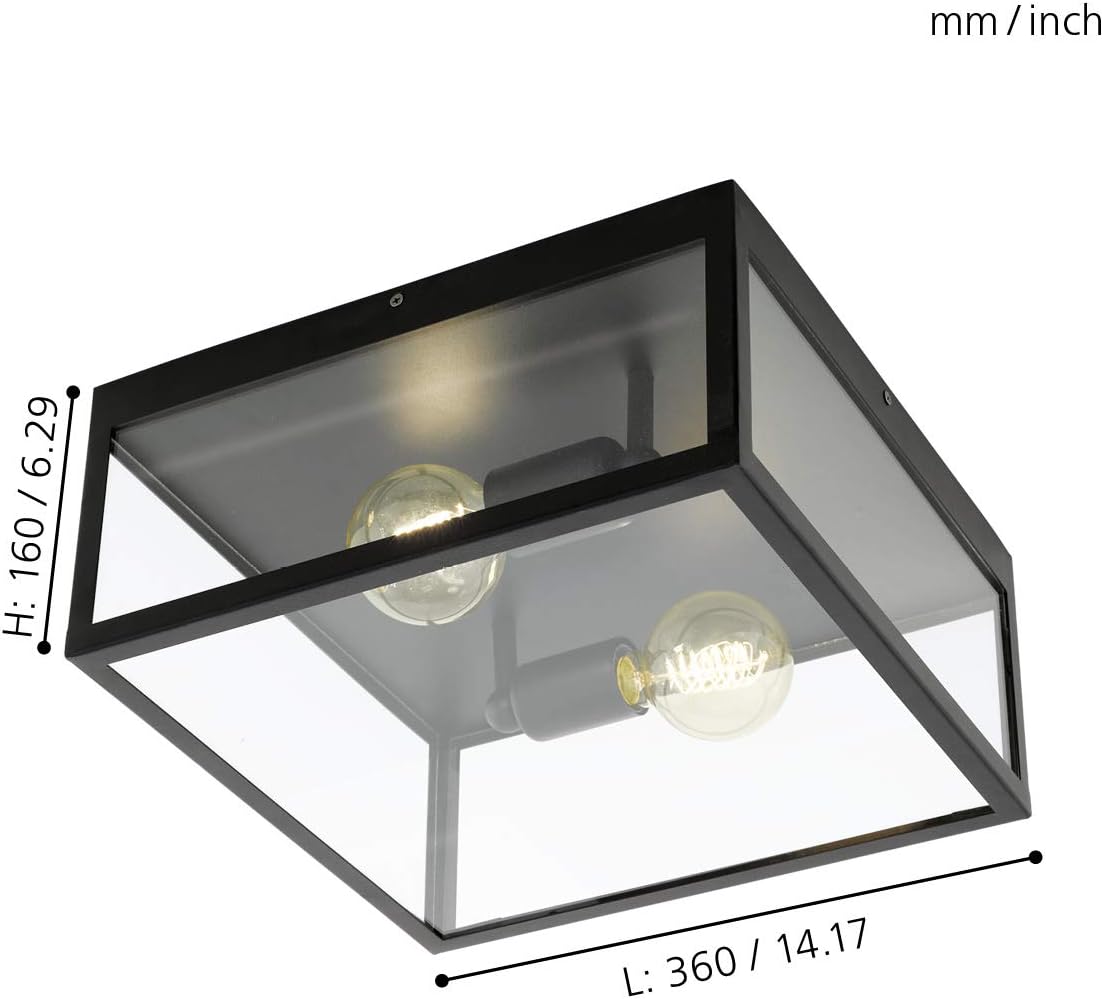 Eglo Ceiling Lamp Charterhouse, 2-Light Vintage Ceiling Fixture, Material: Steel, Colour: Black, Glass: Clear, Socket: E27 - Image 4