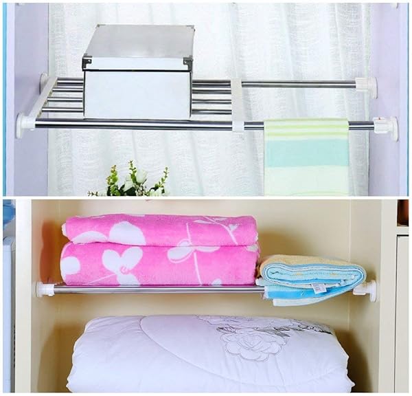 BAOYOUNI EXPANDABLE CLOSET TENSION SHELF ROD ORGANIZER ADJUSTABLE STORAGE RACK HEAVY DUTY CLOTHES HANGER METAL SPACE SAVING DIVIDER FOR BATHROOM KITCHEN CUPBOARD WARDROBE BOOKSHELF 32”-46”, IVORY