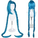 Aqnhec Blue Braided Cosplay Wig with Side Bangs Long Straight Wig Synthetic Costume Wig with Cap for Halloween Party