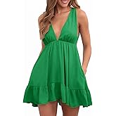 Febriajuce Womens Summer Mini Dress Loose Ruffle Deep V-Neck Backless Strap Solid Casual Short Dresses with Pockets