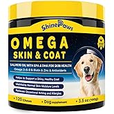 SHINEPAWS Omega 3 for Dogs, Salmon Fish Oil for Dogs Skin and Coat Chew with Omega 3 6 9 (EPA+DHA), ZINC, BIOTIN and Vitamin E & C for Dog Hot Spot Treatment, Itchy Skin Relief, 120ct Chicken Flavored
