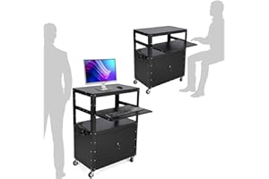 Adjustable Height Rolling AV Cart with Locking Cabinet – Mobile Utility Cart with Pullout Keyboard Tray, Power Outlet, Extra 