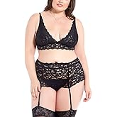 Ella Lust Plus Size Lingerie Set for Women - Sexy Exotic Floral Lace Bra High Waist Skirt Garter Belt with Thong 3 Pcs