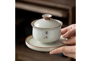 LEEDJUINE Ru Kiln Beige Gaiwan Teacup, 170ml 5.7oz, Hoverable Rotate Ceramics Tea Set