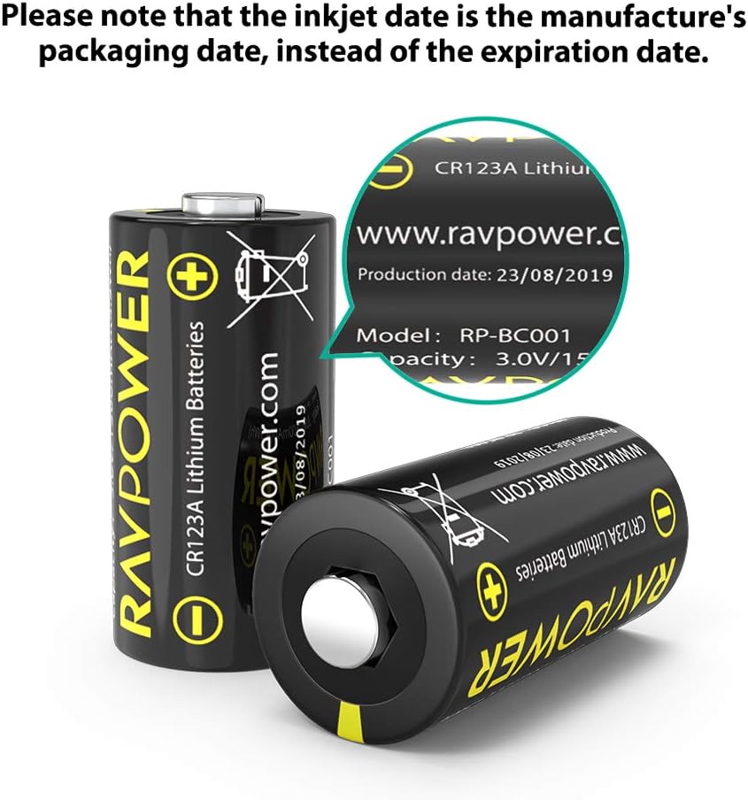 CR123A 3V Lithium Battery RAVPower Non-Rechargeable Lithium Batteries [16 Pack 1500mAh Each] 10 Years of Shelf Life for Arlo Cameras Polaroid Flashlight Microphones [CAN NOT BE RECHARGED] : Camera & Photo