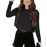 Tankaneo Women Long Sleeve Crop Tops Loose Crew Neck Cropped T-Shirts Drop Shoulder Casual Basic Tees L-Blue