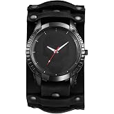 JewelryWe Men's Leather Cuff Watch - Punk Skull Analog Quartz Watches Hip Hop Gothic Steampunk Wide Leather Wristwatches for Father's Day