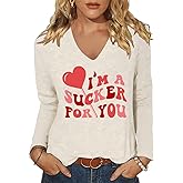 FKQRXO V-Neck Valentine's Day Shirt for Women Love Heart Irish Shamrock Graphic Long Sleeve St Patrick's Day Tees Tops