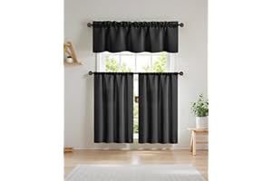 Easy Home 3 Piece Solid Color Blackout Window Curtain Set with Tiers and Valance Rod Pocket Thermal Privacy Curtain Tiers for Kitchen, Living Room, Bathroom Shades, W27 x L36 Inch,Black