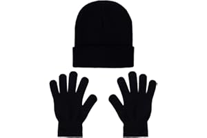 HMXPLS Kids Beanie Hat and Gloves Set for Boys Girls, Knit Hat Winter Gloves Warm Unisex Cold Weather Cap Stretchy Glove