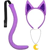 Kavoc 3 Pcs Purple Cat Costome Set Purple Cat Ear Headband Tail Moon Necklace for Halloween Cartoon Character Cosplay Dress up