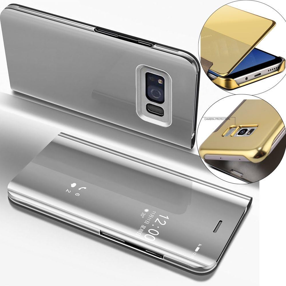 COTDINFOR Mirror Makeup Case For Samsung S8+ Plus Luxury Slim View Standing Cover Bright Crystal Clear Flip Kickstand Protective Case for Samsung Galaxy S8 Plus Mirror PU Silver MX.