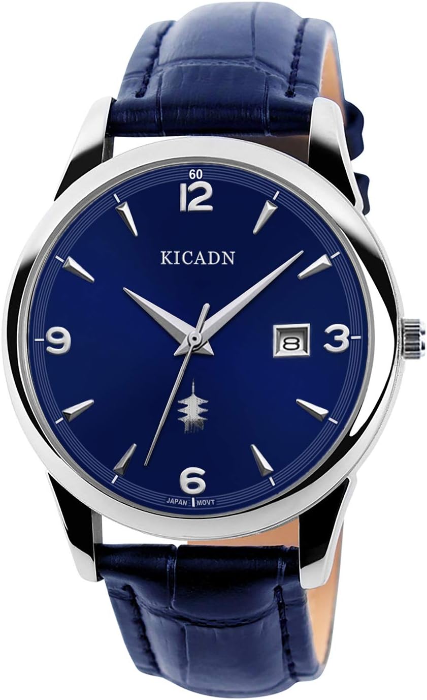 Men's Leather Watch,Fashion Classic Waterproof Thin Watches,Japanese Quartz Minimalist Casual Watch Man Simple Dress Wrist Watch with Date,Black/Blue Leather