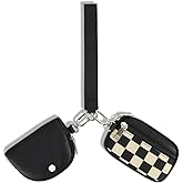 LIERWOI Mini Zip Around Keychain Wallet Chekered Dual Pouch Wristlet for Women Portable Detachable Coin Purse Mini Card Pocket (A-Black)