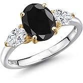 Gem Stone King 925 Silver and 10K Yellow Gold Black Sapphire and White Moissanite Engagement Ring For Women | 3.30 Cttw | Oval 9X7MM | Gemstone September Birthstone