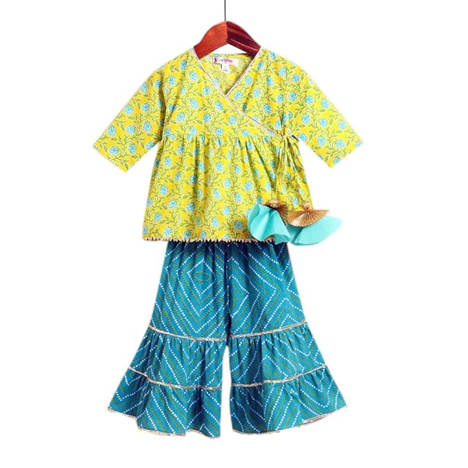 Amber By Hopscotch Girls Cotton Angrakha Kurti With Sharara In Multi Color