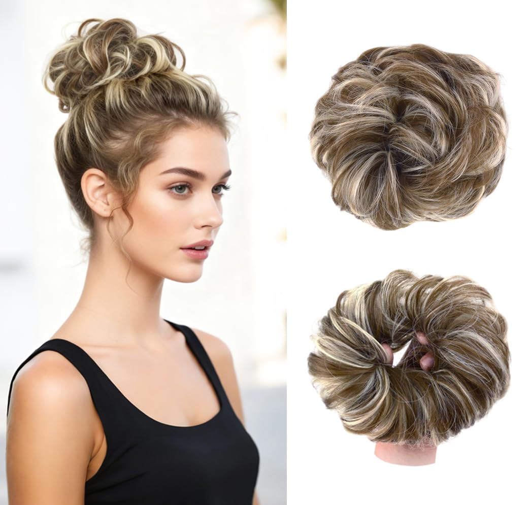 M6PH613# Messy Hair Bun Updo Hairpiece - Wavy Curly Synthetic Donut Chignon for Women - Scrunchies & Ponytail Hair Piece