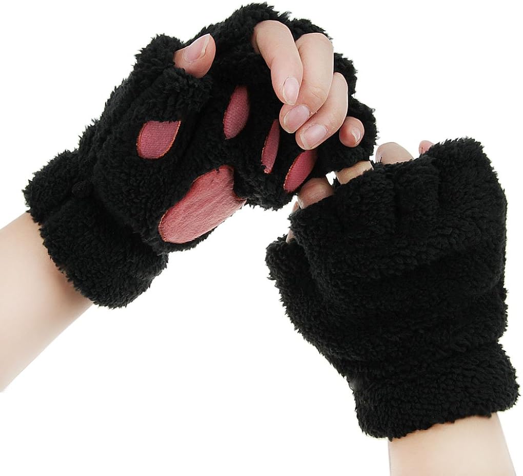 FakeFace Cute Cat Kitten Paw Fingerless Faux Fur Plush Gloves For Girls Women, Black, Small at  Women’s Clothing store