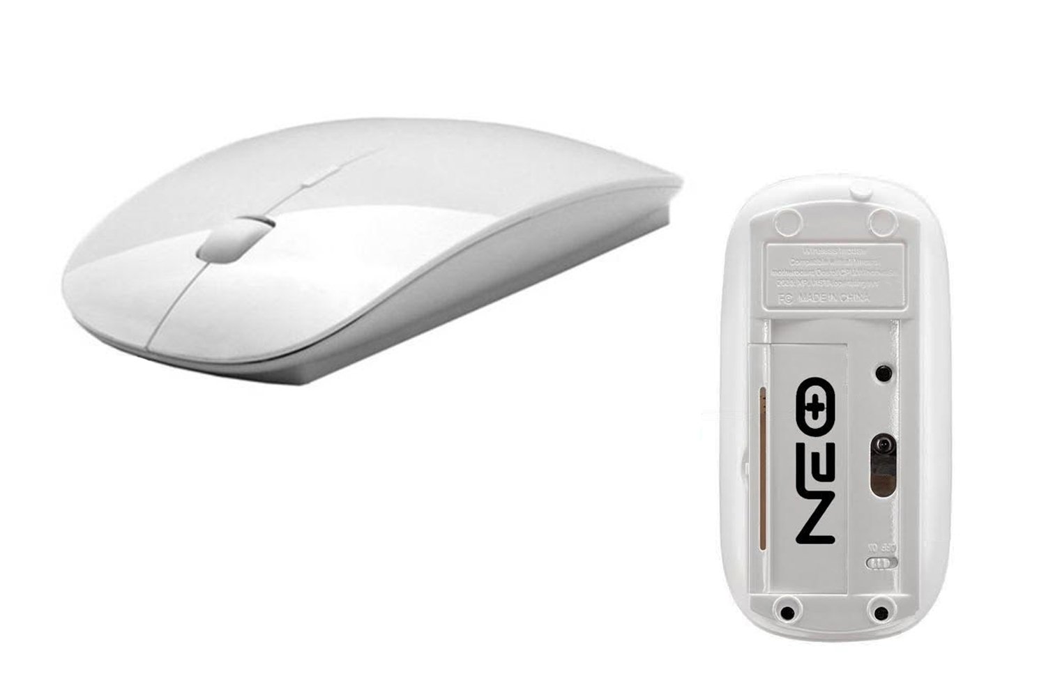 NEO+ Slim wireless mini optical mouse with usb receiver 2.4G for laptops/desktop PC XP/Vista/Windows/Macintosh/macOS. Double sided board - white colour in gloss finish