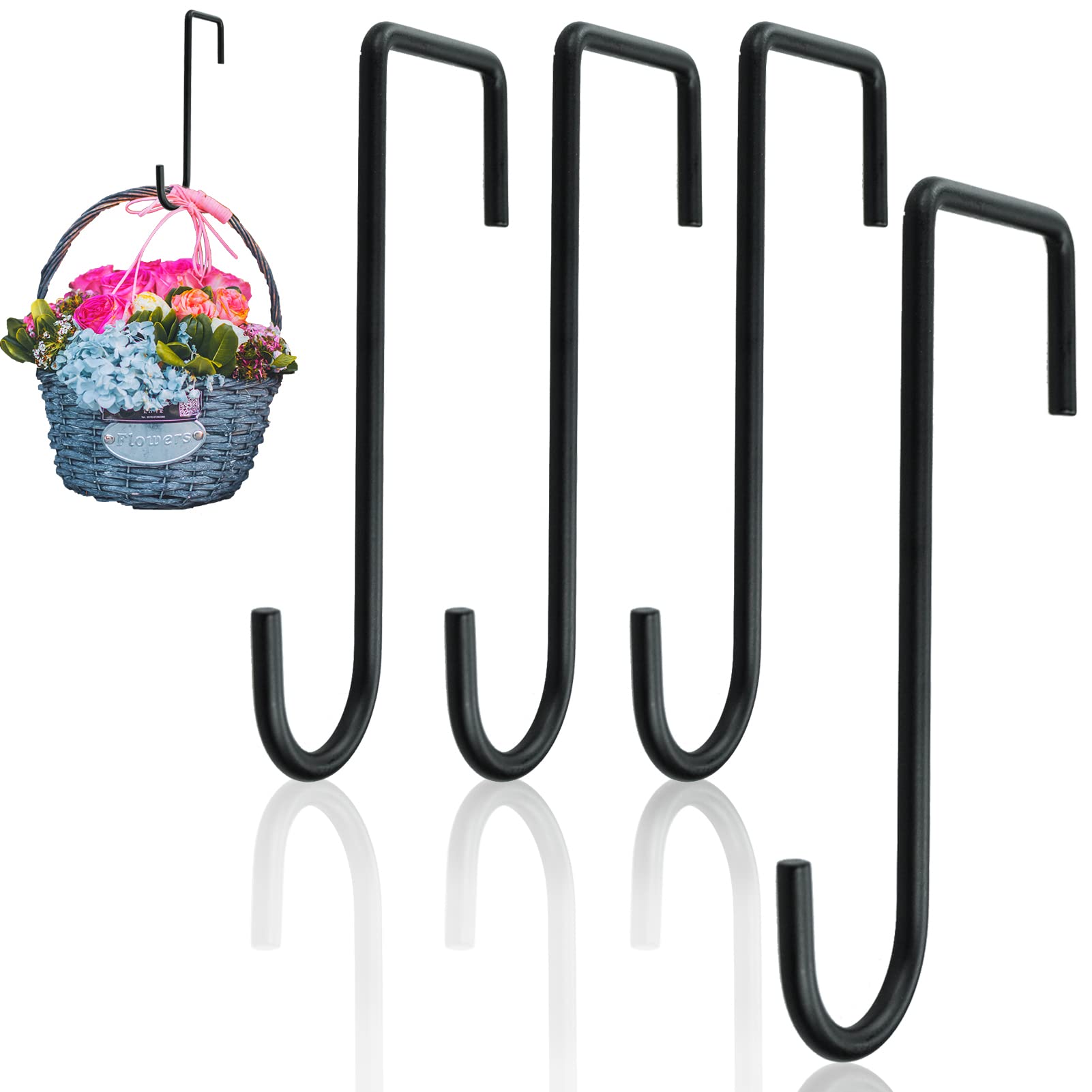 SZCXDKJ Hanging Basket Brackets 4pcs Black Fence Hooks Heavy Duty Steel Wall Plant Hangers for Indoor Outdoor Hanging Lantern, Bird Feeder, Bags, Wind Chimes, Garden Decoration