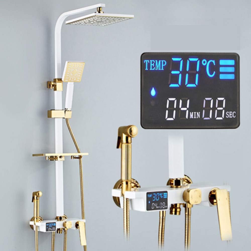 FHJGYU Shower Black/White Temperature LED Display Screen Rainfall Shower Head Shower Faucet Bathtub Mixer Tap Bronze Shower Set,Wh