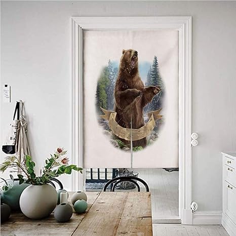 Amazon クマ のれん おしゃれ 目隠し 幅72cm 丈1cm 怒っている哺乳類肉食動物が荒野の森を攻撃する現実的なイラスト装飾 おしゃれ ロング 居酒屋 店 部屋 玄関 入り口 間仕切り インテリア 茶色緑淡いブルー のれん オンライン通販