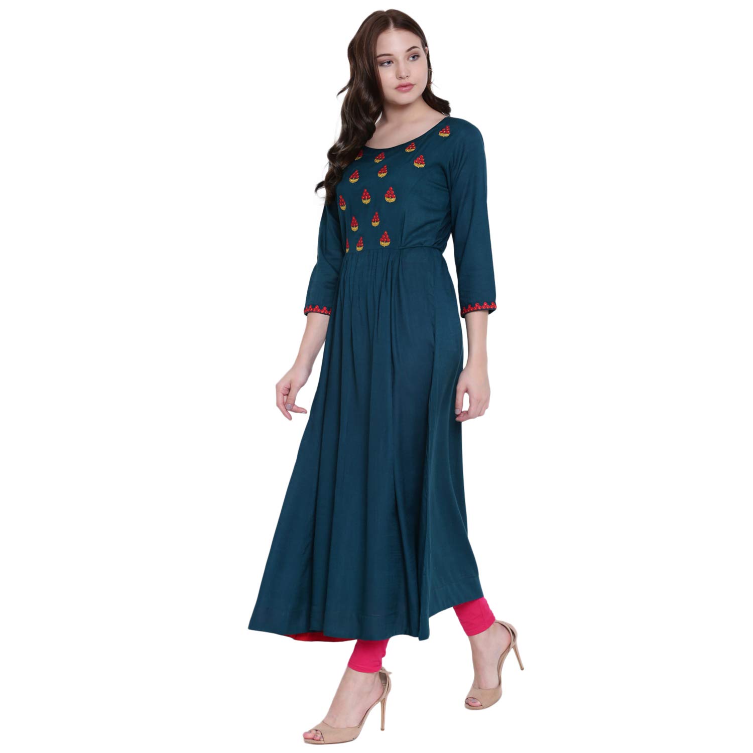 gulmohar jaipur women's rayon slub a-line kurti (petrol green)