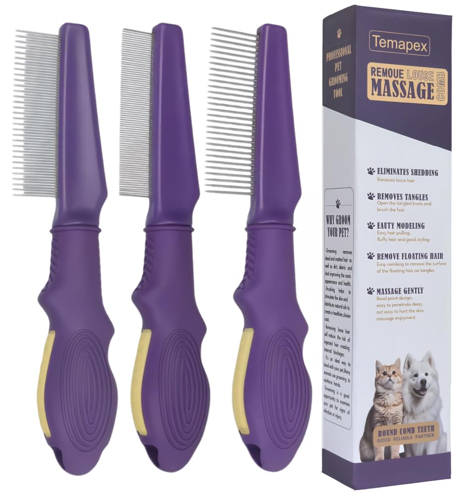 Photo 1 of Temapex 3PCS Pet Comb for Grooming Long & Short Haired Cats & Dogs With Stainless Steel Metal Teeth for Removes Tangles & Flea, Non-Slip & Anti-Static Rubber Handle, Safe & Gentle