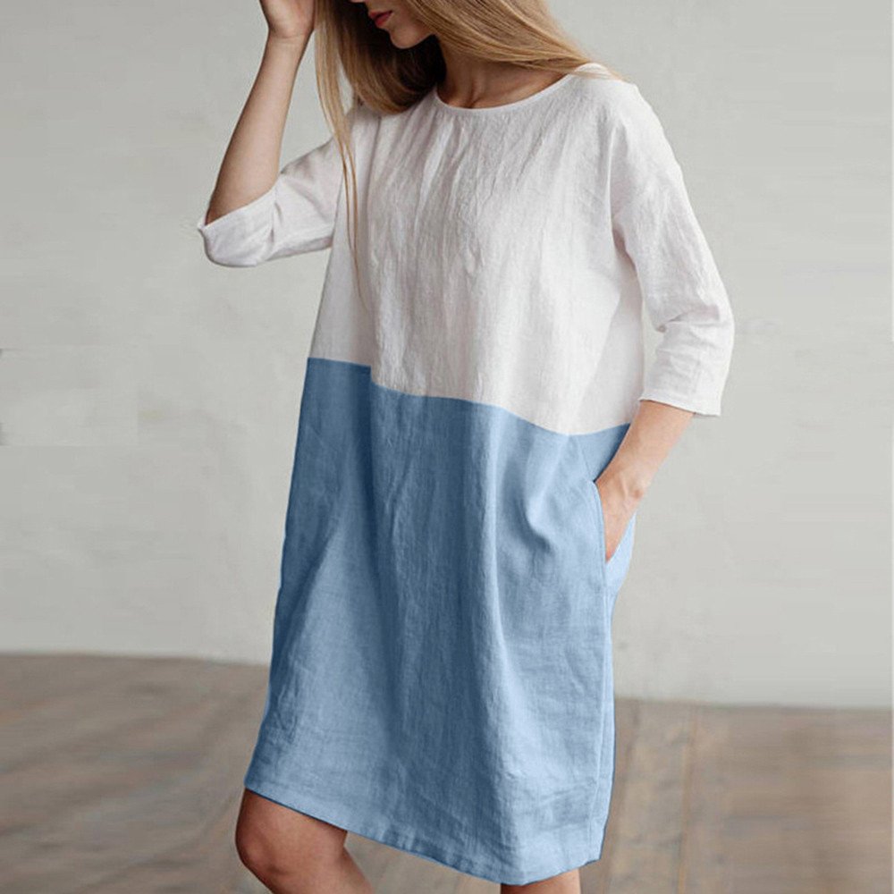 POTO Women Dresses, Loose Color Stitching Casual Dresses with Pockets Cotton Linen Tunic Dress Party Dress Beach Dress