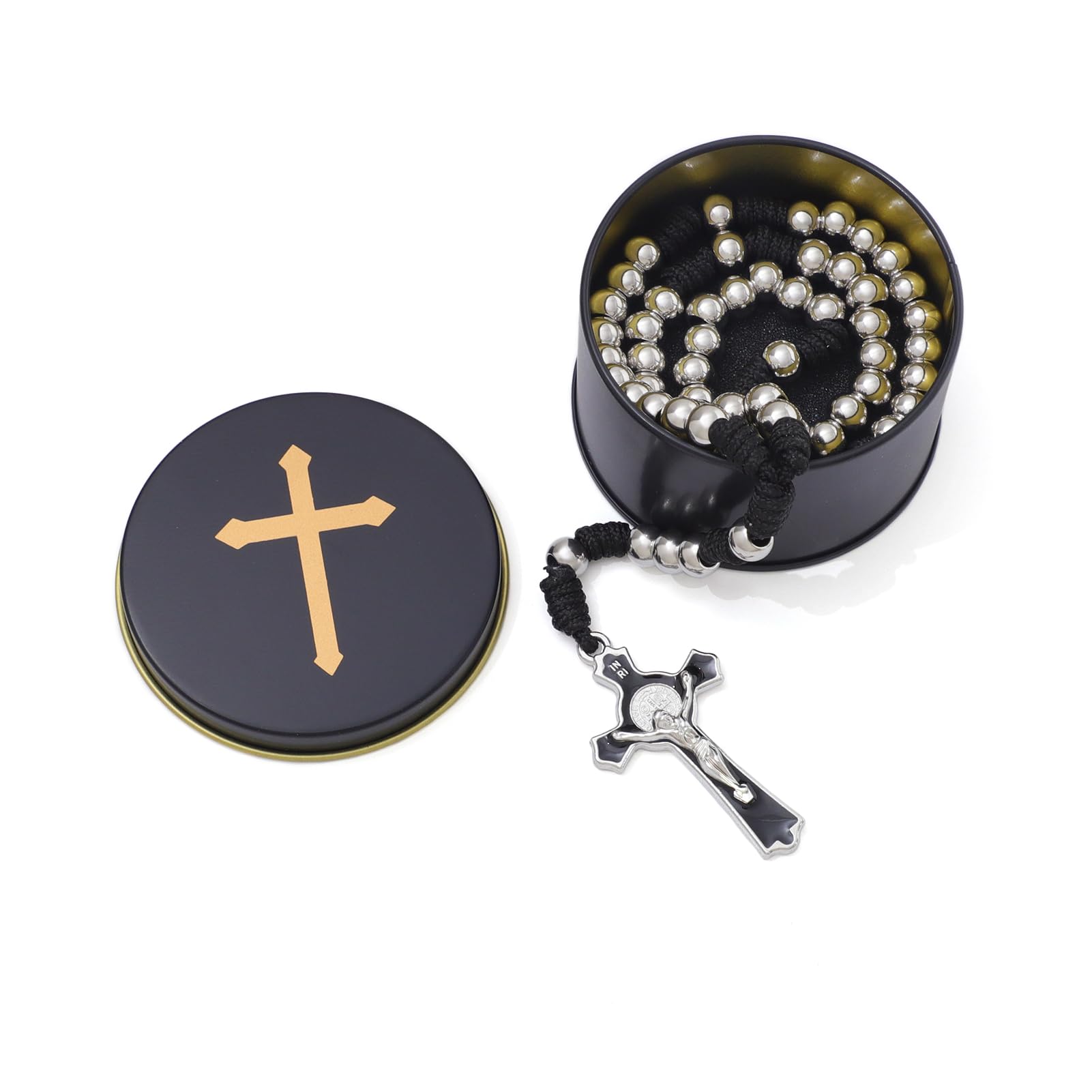 KOMI KOMI 8mm Stainless Steel Rosary Beads in Box Rugged Durable Paracord Rosary for Men Handmade Catholic Beads Rosary with Crucifix Rosarios Catolicos Para Hombre