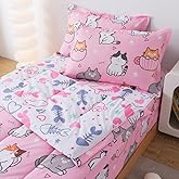 ADASMILE A & S Kids Comforter Set Zipper Bedding Twin for Girls Cat Comforter with Fish Sheets Kawaii Cat Bedding Sets for Kids All in One Zipper Bedding All Season Home Decor
