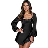 Juidei Long Sleeve Satin Homecoming Dresses for Teens 2025 Short Square Neck Ruched Cocktail Dresses