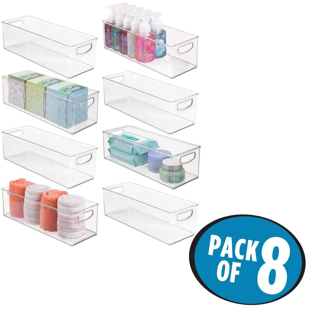 mDesign Storage Bins with Built-in Handles for Organizing Hand Soaps, Body Wash, Shampoos, Lotion, Conditioners, Hand Towels, Hair Accessories, Body Spray, Mouthwash - 16" Long, 8 Pack - Clear