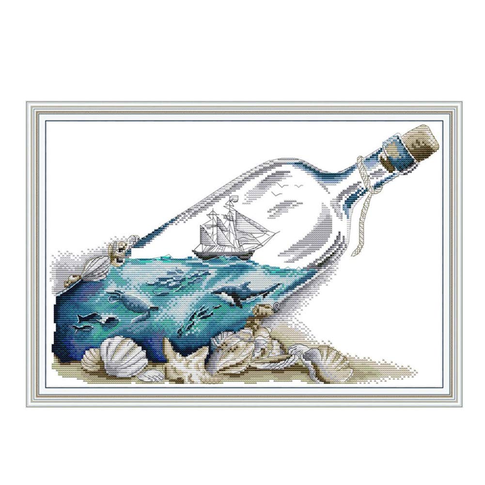 CaptainCrafts Cross Stitch Kits, Counted Cross Stitch Unpreprinted 14CT Fabric Cross Stitch DIY Art DMC Needlecrafts Embroidery Kits for Adults Beginners (Counted 14CT, Sea in a Bottle)