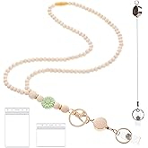 Disstong Wooden Beaded Lanyard for Women, ID Badge Holder for Teacher, Retractable Breakaway Keychain
