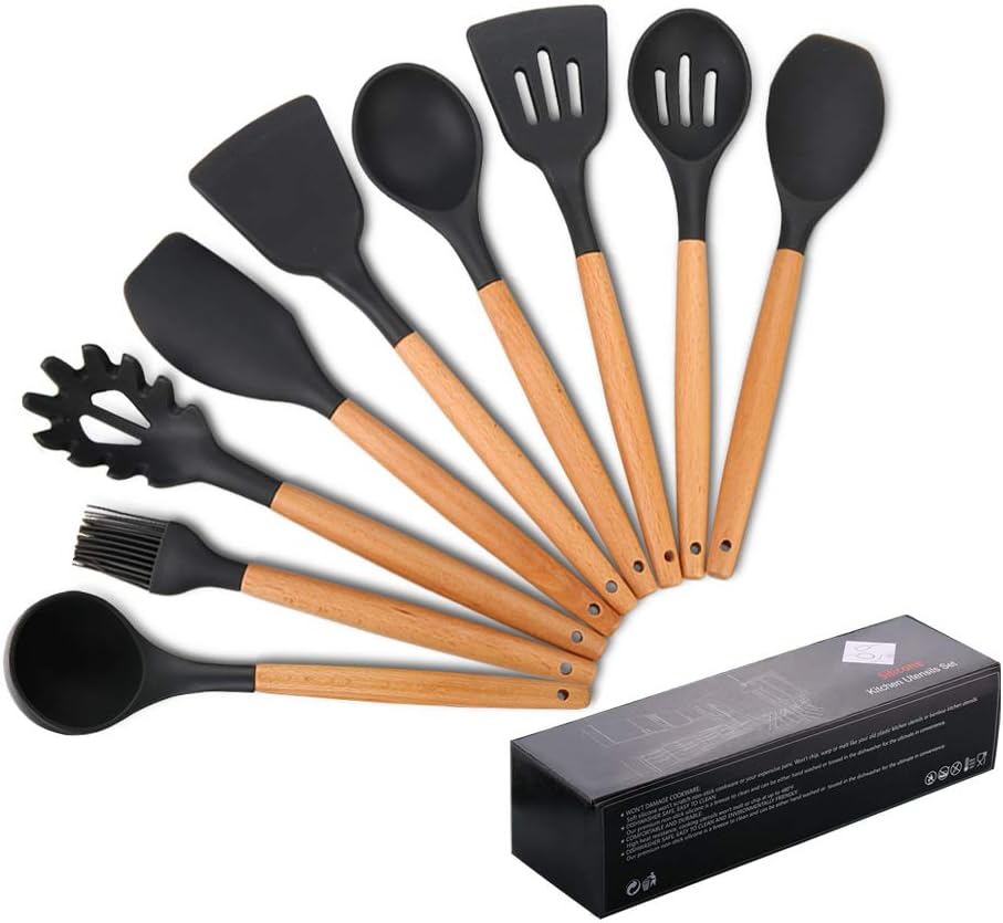 Riveira Set Di 9 Utensili Da Cucina In Legno Marrone Scuro, Spatole E Cucchiai Professionali Con Supporto, Ecologici E Atossici