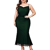 CYCLAMEN Plus Size Mesh Mermaid Dress Ruched Spaghetti Strap Fitted Sleeveless Cami Dresses Cocktail Party Wedding Guest