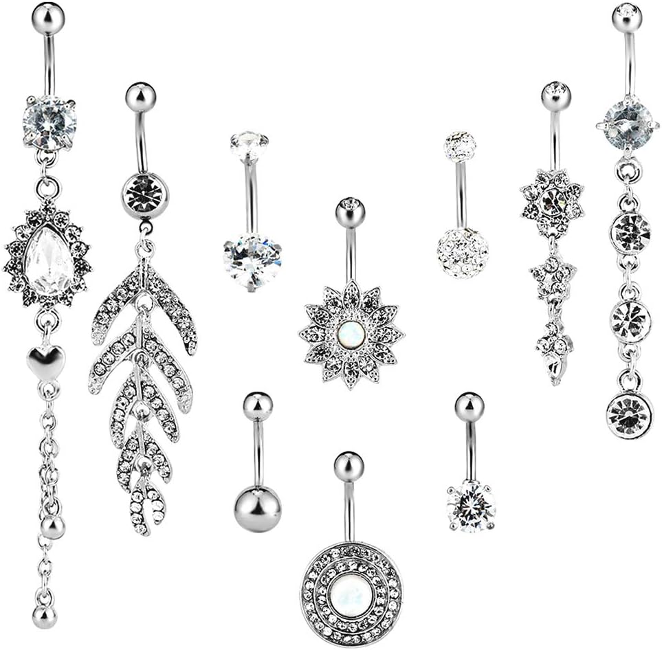 10 Pcs Dangle Belly Bar Silver Navel Piercing Rings, Surgical Steel Body Jewelry Set for Women
