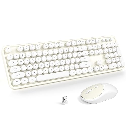 Computer Off White Wireless Keyboard and Mouse, Typewriter Full Size Keyboard with Number ...