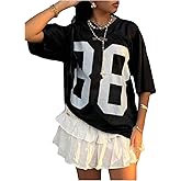 COZYEASE Women's Plus Size Jersey Shirt Number Graphic V Neck Half Sleeve Loose T Shirt Streetwear