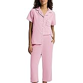SIORO Capri Pajamas Set for Women, Button Down Sleepwear Short Sleeve Loungewear, Waffle Knit Top with Capri Pants Pjs