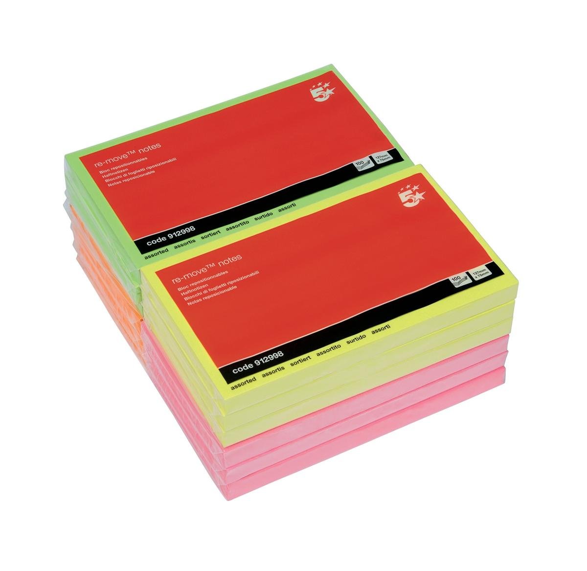 5 Star Re-Move Notes Repositionable Neon Pad of 100 Sheets 76x127mm Assorted [Pack of 12]