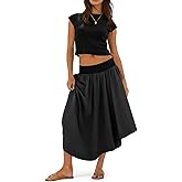 Tankaneo Womens 2 Piece Skirt Set Summer Casual Cap Sleeve Ribbed Crop Tops Midi Dress Vacation Outfits with Pockets