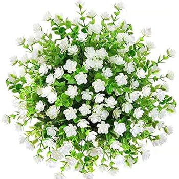 CQURE Artificial Flowers, Fake Flowers Artificial Greenery UV Resistant Outdoor Plants Eucalyptus Faux Plastic Shrubs Outside for Home Garden Porch Party Wedding Decoration 5 Bunches (White)