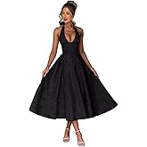 UZN Halter Tea Length Prom Dresses 2025 Jacquard Satin Deep V-Neck A-Line Formal Evening Party Gowns