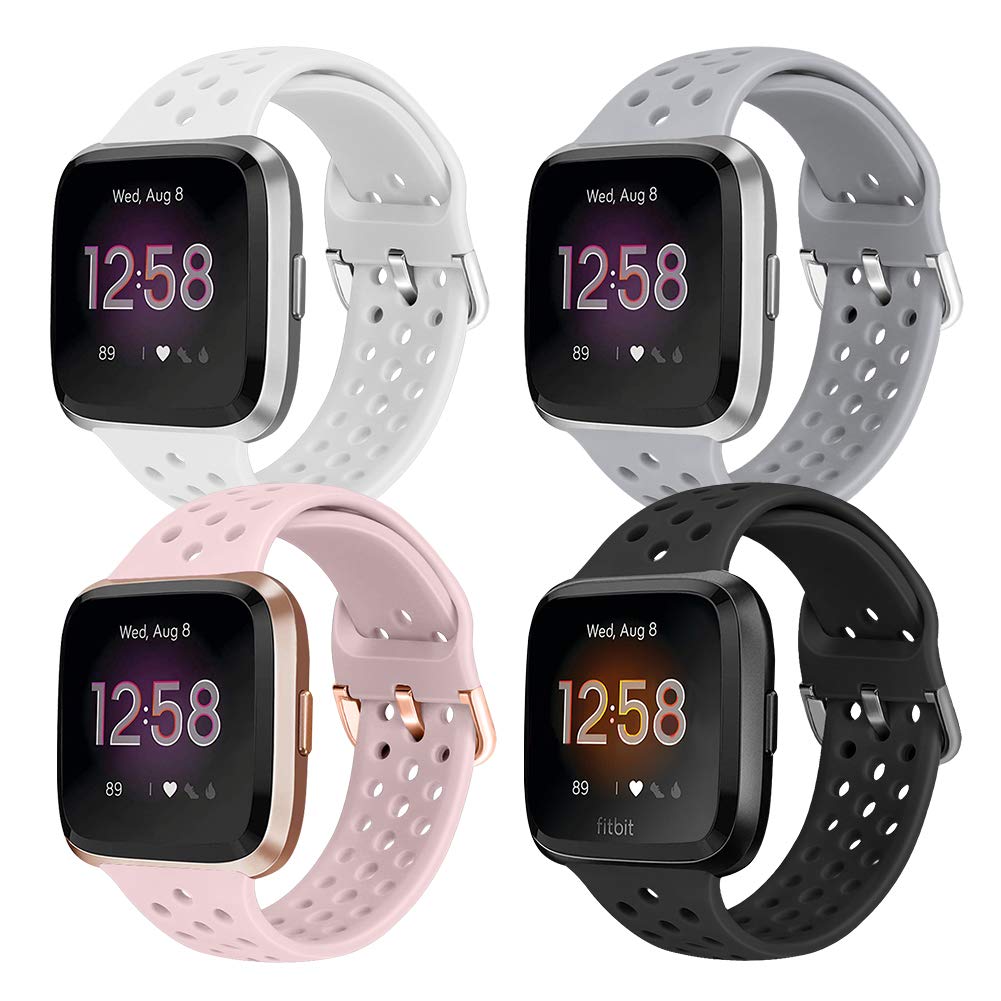 Runostrich Sport Strap Compatible with Fitbit Versa/Versa 2/Versa Lite/SE, Soft Silicone Band Replacement Breathable Wristband for Smart Fitness Watch for Women Men (Black+White+Gray+Pink Sand)